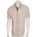 Camisa masculina de tricoline manga curta com detalhe de bolinha, cáqui Camisa masculina de tricoline manga curta com detalhe de bolinha, cáqui