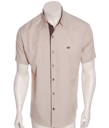 Camisa masculina de tricoline manga curta com detalhe de bolinha, cáqui
