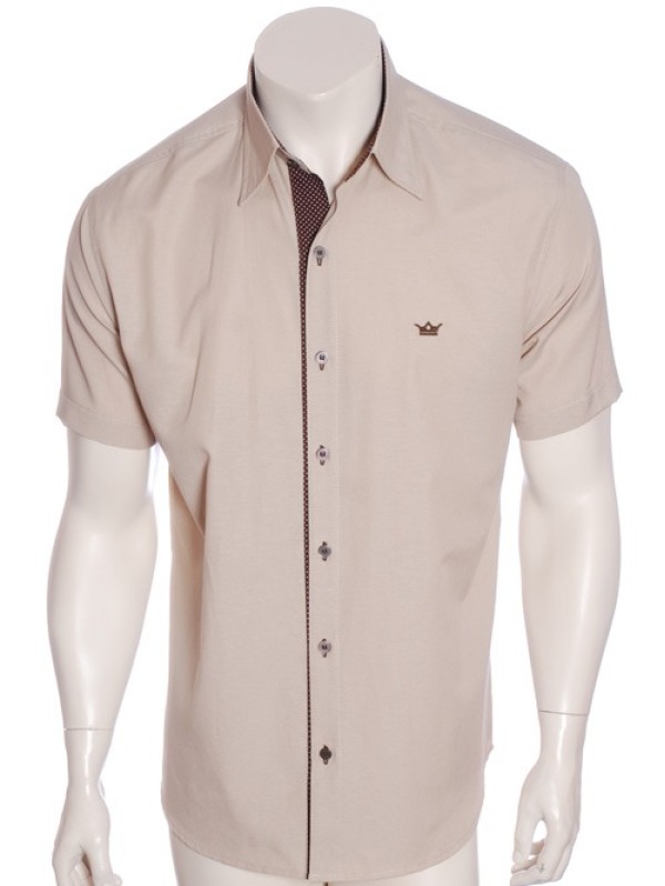 Camisa masculina de tricoline manga curta com detalhe de bolinha, cáqui Camisa masculina de tricoline manga curta com detalhe de bolinha, cáqui