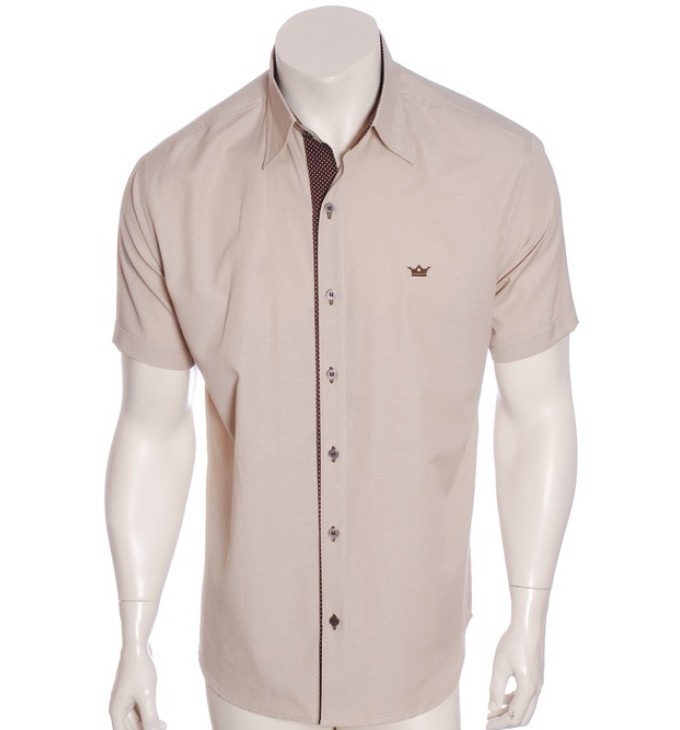 Camisa masculina de tricoline manga curta com detalhe de bolinha, cáqui Camisa masculina de tricoline manga curta com detalhe de bolinha, cáqui