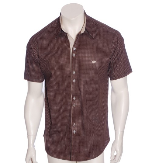 Camisa masculina de bolinha manga curta, marrom  