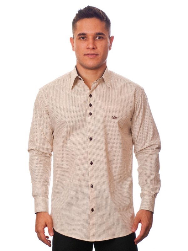 Camisa masculina de bolinha manga longa, bege Camisa masculina de bolinha manga longa, bege