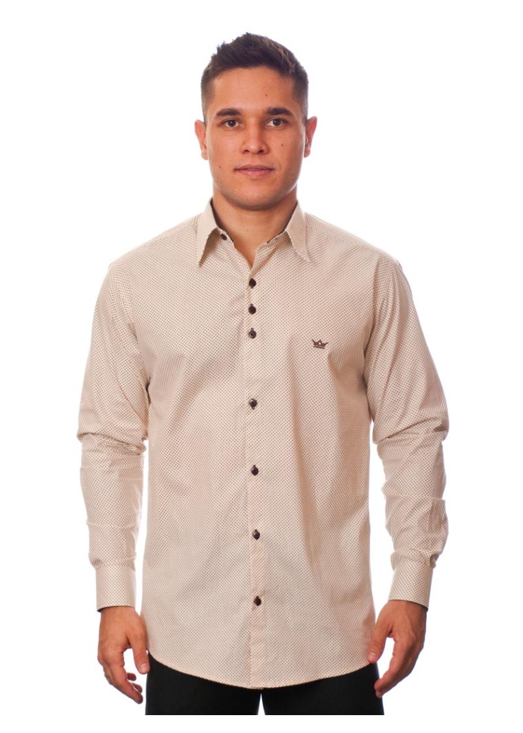 Camisa masculina de bolinha manga longa, bege