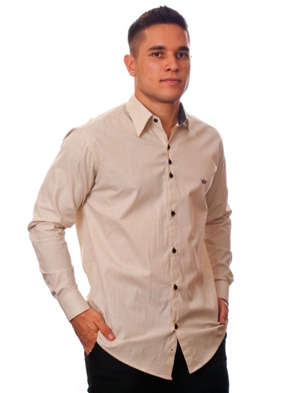 Camisa masculina de bolinha manga longa, bege Camisa masculina de bolinha manga longa, bege