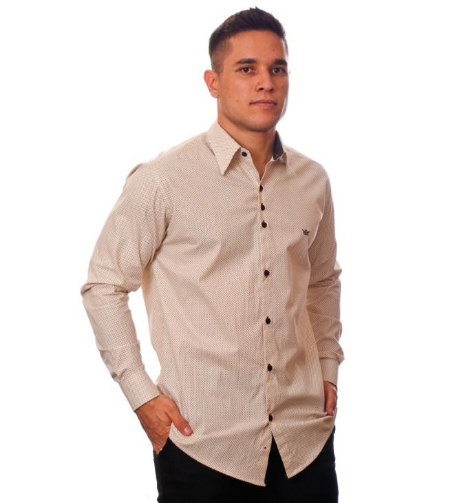Camisa masculina de bolinha manga longa, bege