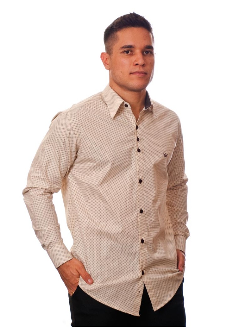 Camisa masculina de bolinha manga longa, bege
