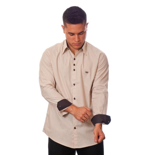 Camisa masculina de bolinha manga longa, bege