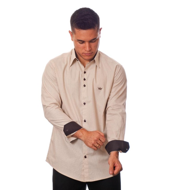 Camisa masculina de bolinha manga longa, bege