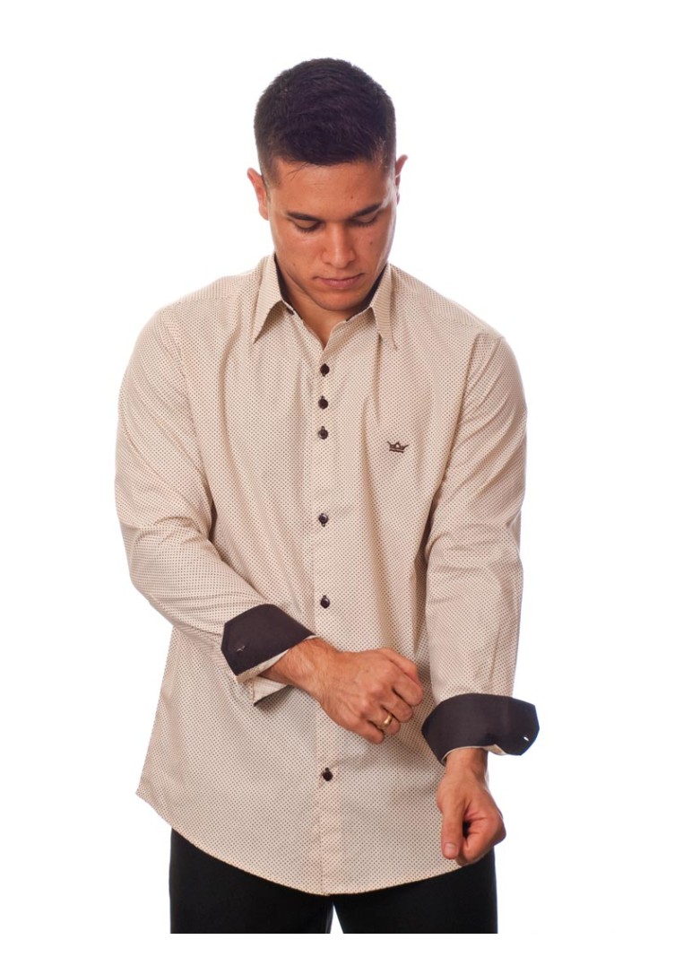 Camisa masculina de bolinha manga longa, bege