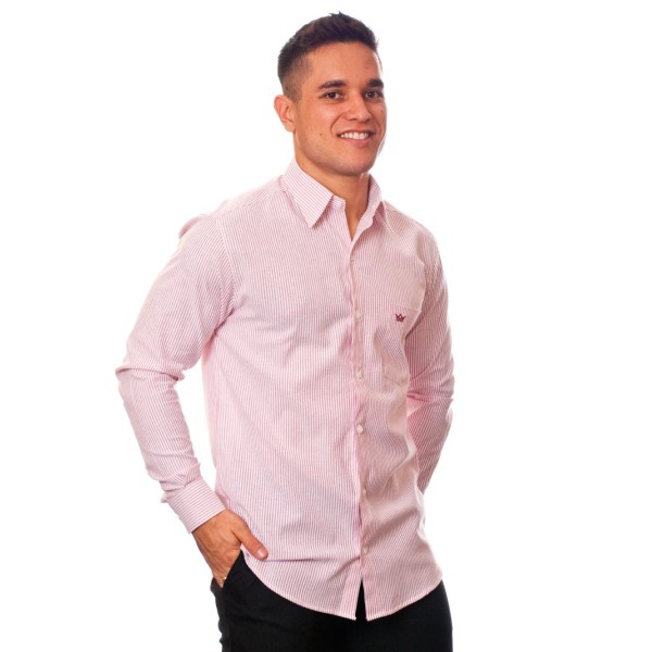 Camisa masculina listrada vinho manga longa de algodão