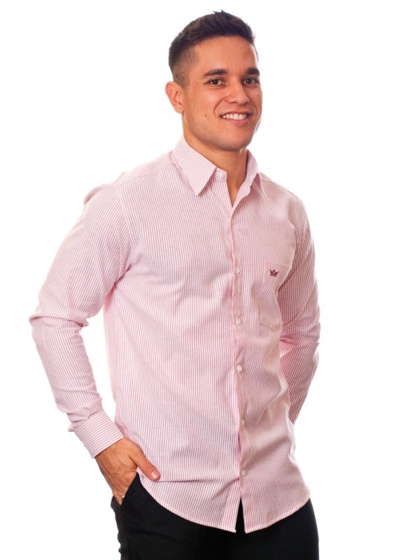 Camisa masculina listrada vinho manga longa de algodão Camisa masculina listrada vinho manga longa de algodão