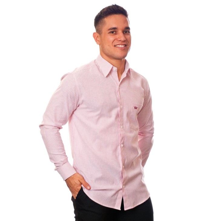 Camisa masculina listrada vinho manga longa de algodão