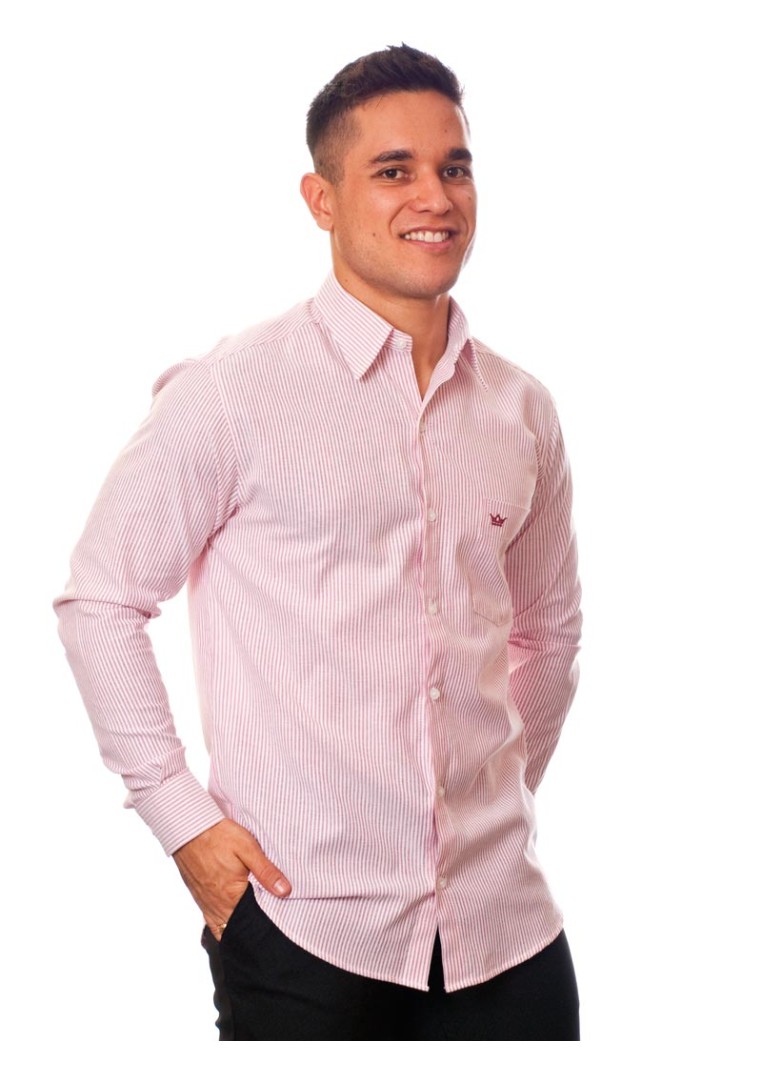 Camisa masculina listrada vinho manga longa de algodão