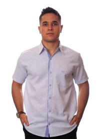 Camisa social masculina de algodão listrada com detalhe lilás, manga curta
