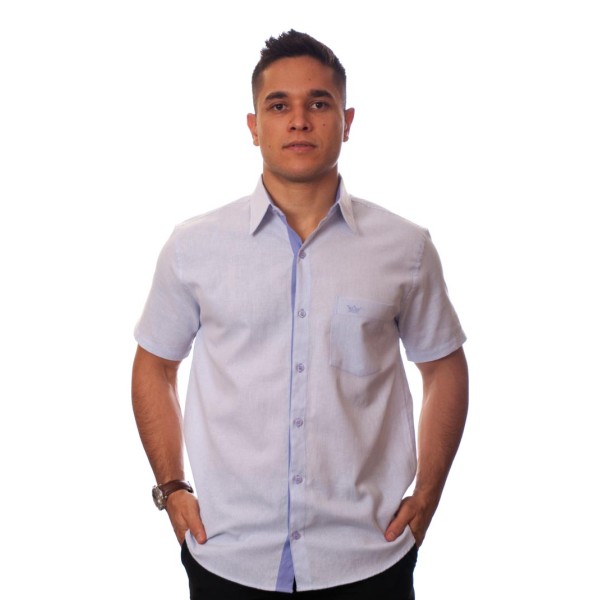 Camisa social masculina de algodão listrada com detalhe lilás, manga curta