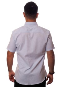 Camisa social masculina de algodão listrada com detalhe lilás, manga curta