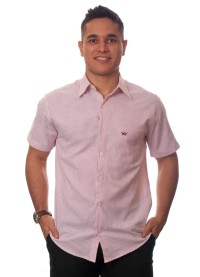 Camisa social masculina de algodão listrada vinho, manga curta