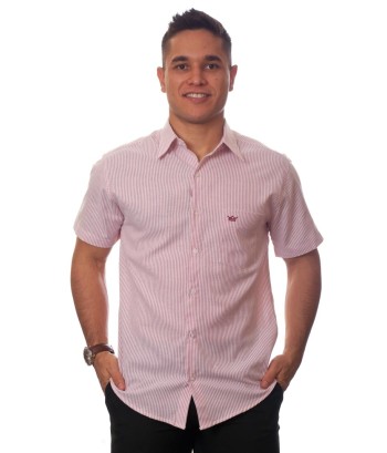 Camisa social masculina de algodão listrada vinho, manga curta