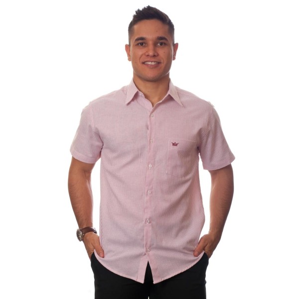 Camisa social masculina de algodão listrada vinho, manga curta
