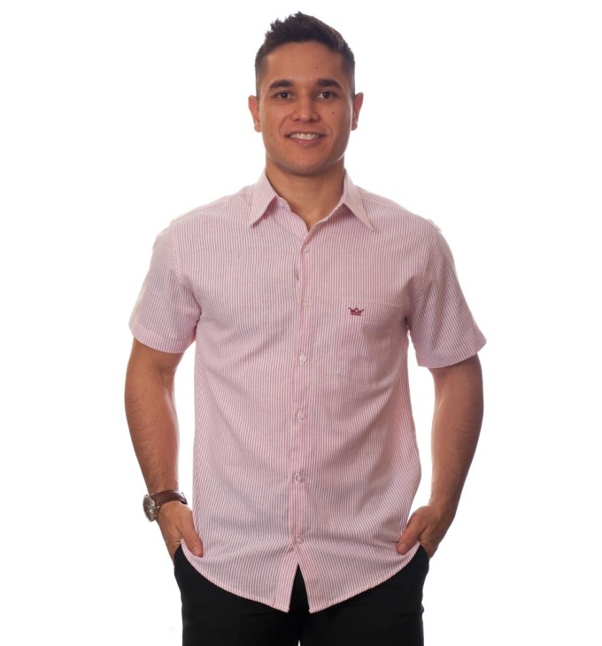 Camisa social masculina de algodão listrada vinho, manga curta