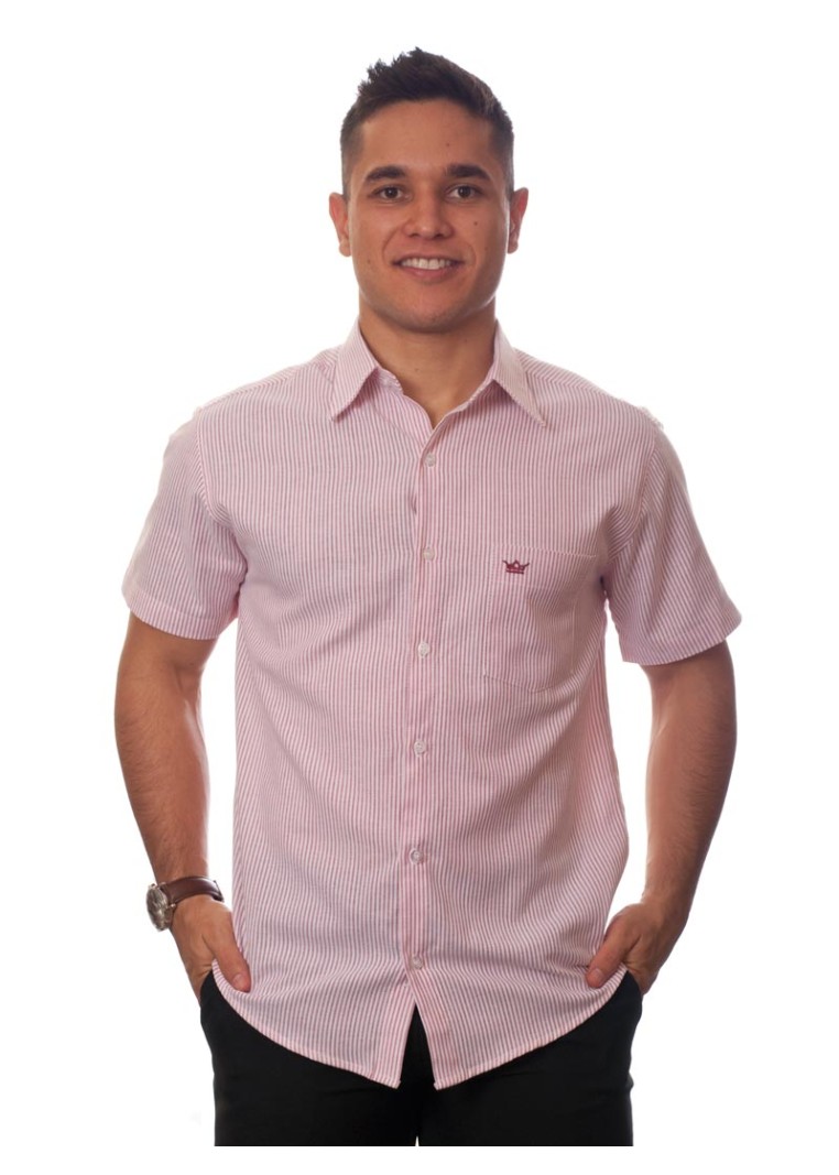 Camisa social masculina de algodão listrada vinho, manga curta