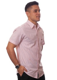 Camisa social masculina de algodão listrada vinho, manga curta
