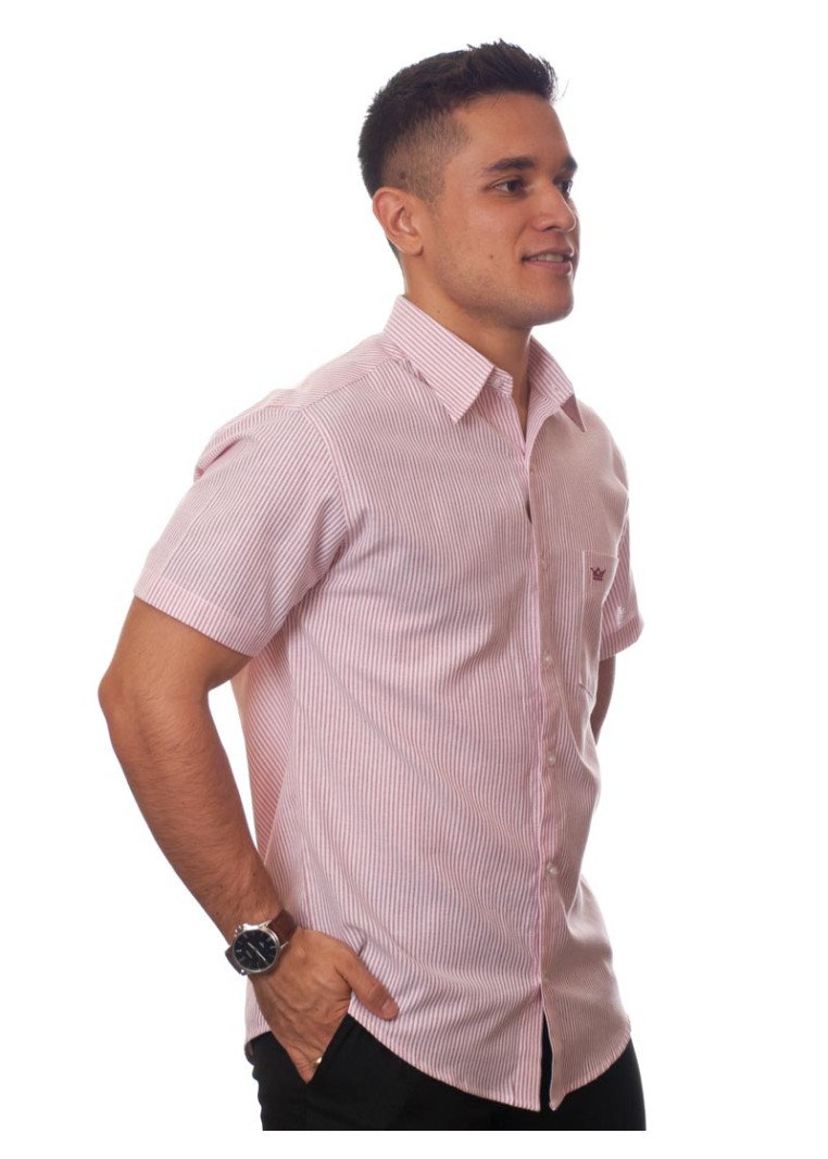Camisa social masculina de algodão listrada vinho, manga curta