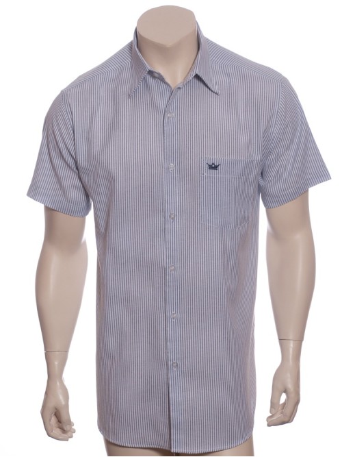 Camisa social masculina de algodão listrada marinho, manga curta Camisa social masculina de algodão listrada marinho, manga curta