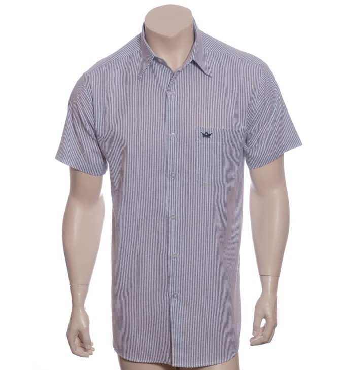 Camisa social masculina de algodão listrada marinho, manga curta Camisa social masculina de algodão listrada marinho, manga curta