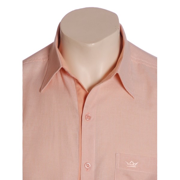 Camisa social masculina de algodão listrada com detalhe laranja, manga curta