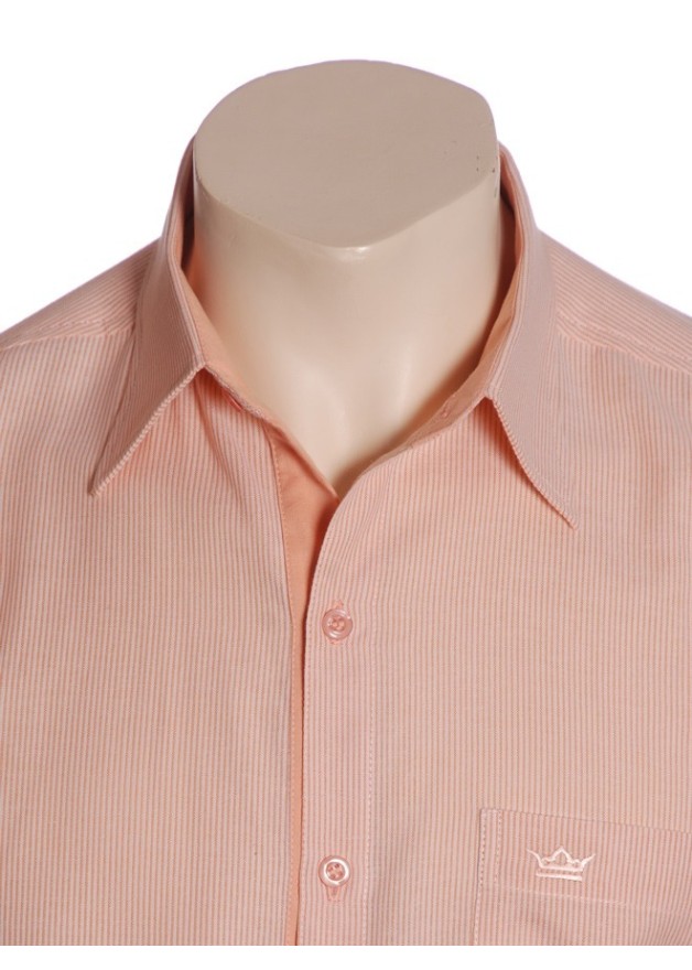 Camisa social masculina de algodão listrada com detalhe laranja, manga curta