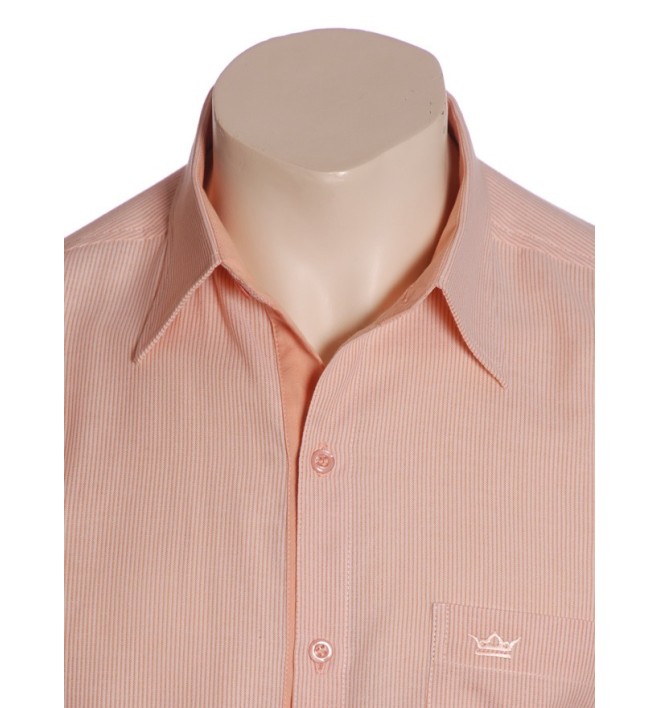 Camisa social masculina de algodão listrada com detalhe laranja, manga curta