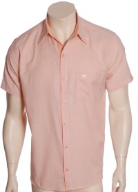 Camisa social masculina de algodão listrada com detalhe laranja, manga curta