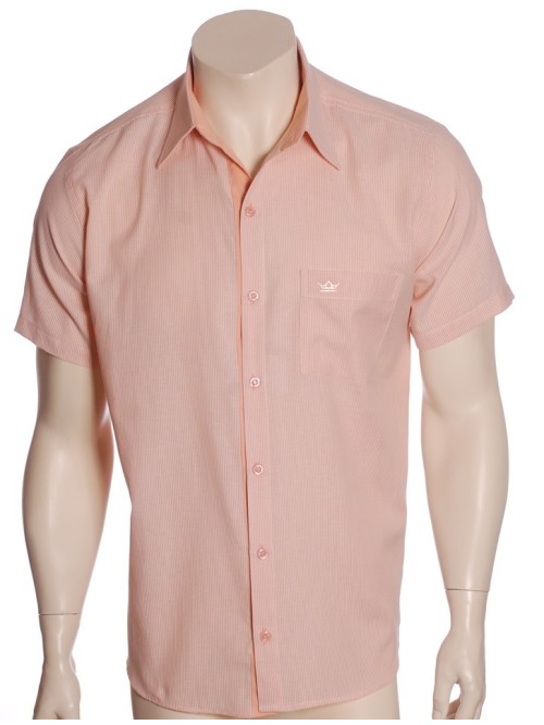 Camisa social masculina de algodão listrada com detalhe laranja, manga curta