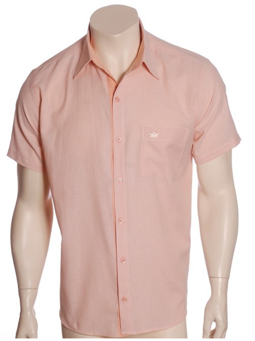Camisa social masculina de algodão listrada com detalhe laranja, manga curta Camisa social masculina de algodão listrada com detalhe laranja, manga curta