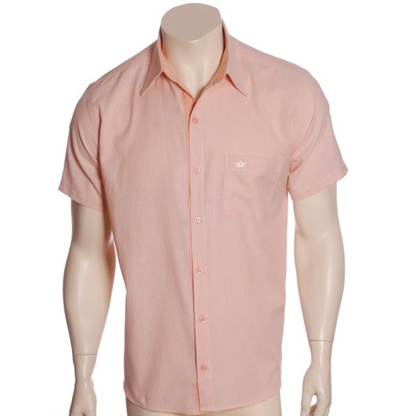 Camisa social masculina de algodão listrada com detalhe laranja, manga curta