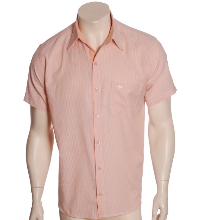 Camisa social masculina de algodão listrada com detalhe laranja, manga curta