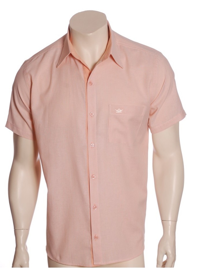 Camisa social masculina de algodão listrada com detalhe laranja, manga curta