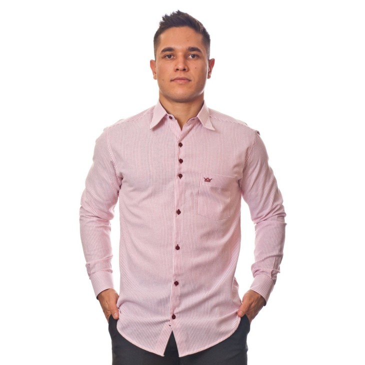 Camisa masculina listrada vinho manga longa de algodão
