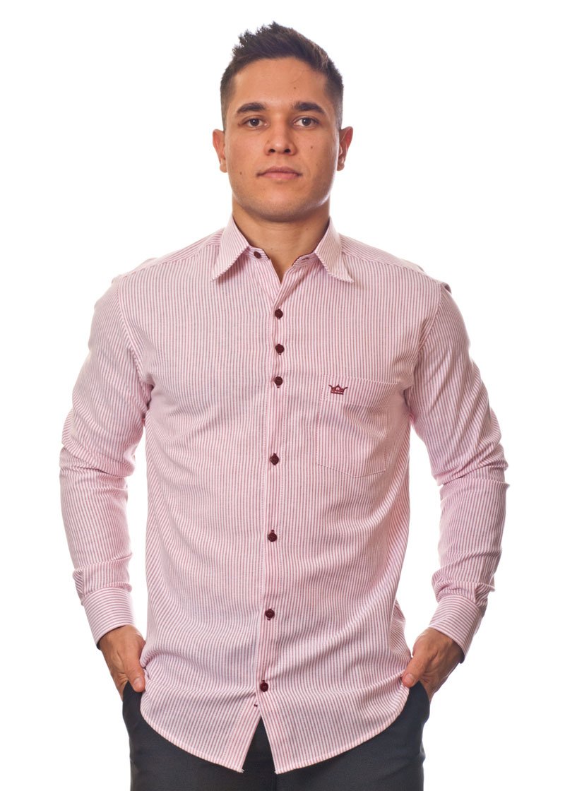 Camisa masculina listrada vinho manga longa de algodão