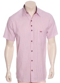 Camisa social masculina de algodão listrada com detalhe vinho, manga curta
