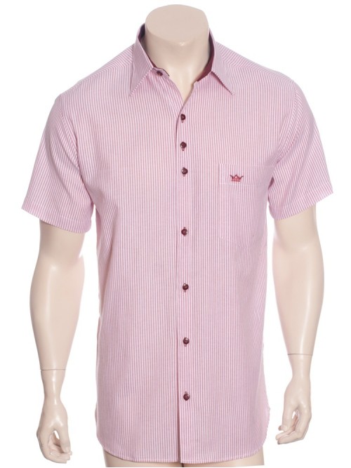 Camisa social masculina de algodão listrada com detalhe vinho, manga curta Camisa social masculina de algodão listrada com detalhe vinho, manga curta