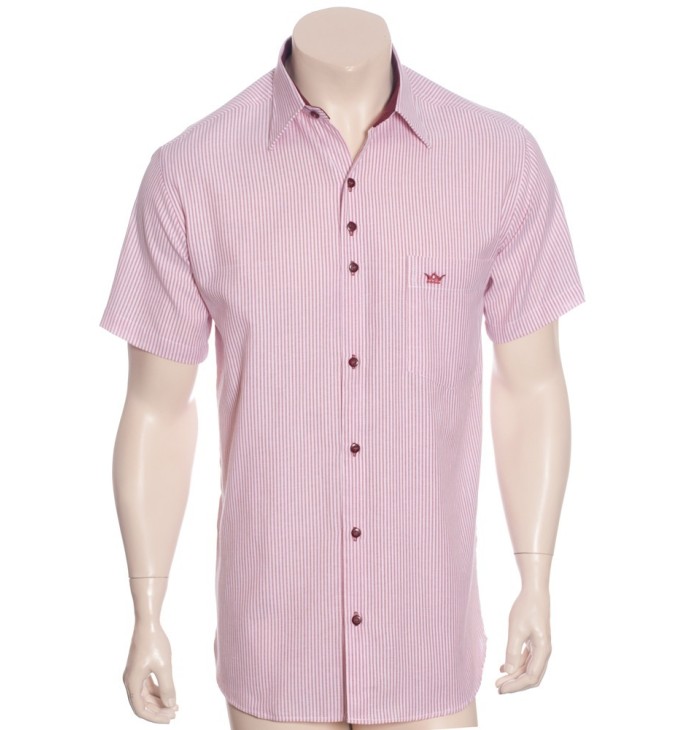 Camisa social masculina de algodão listrada com detalhe vinho, manga curta