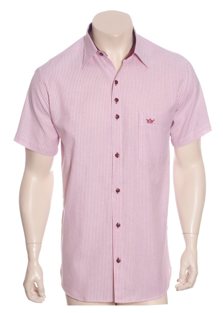 Camisa social masculina de algodão listrada com detalhe vinho, manga curta