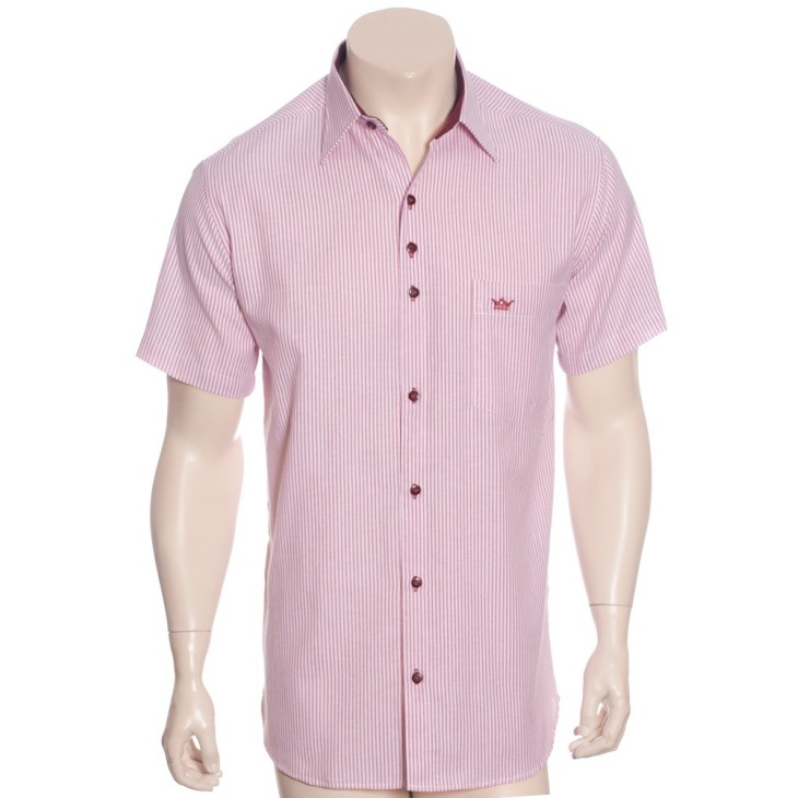 Camisa social masculina de algodão listrada com detalhe vinho, manga curta