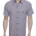 Camisa social masculina de algodão listrada com detalhe marinho, manga curta