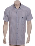 Camisa social masculina de algodão listrada com detalhe marinho, manga curta