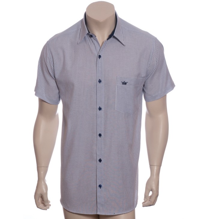 Camisa social masculina de algodão listrada com detalhe marinho, manga curta