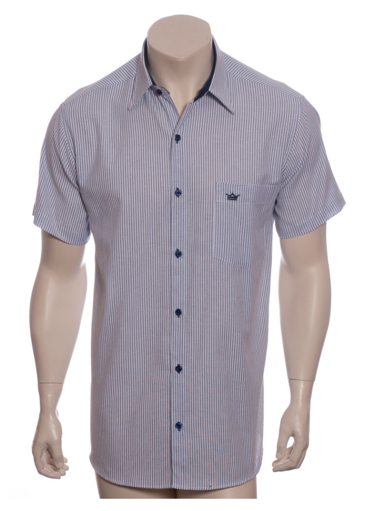 Camisa social masculina de algodão listrada com detalhe marinho, manga curta
