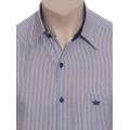 Camisa social masculina de algodão listrada com detalhe marinho, manga curta